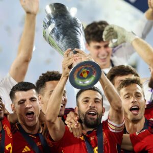 Jordi Alba, Spain hoists the UEFA Nations league trophy after defeating Croatia